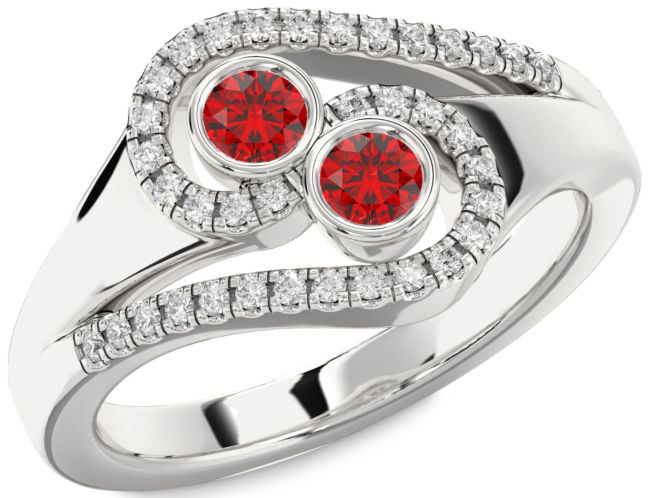 Diamond Ruby Silver Round Two Stone Birthstone Ring