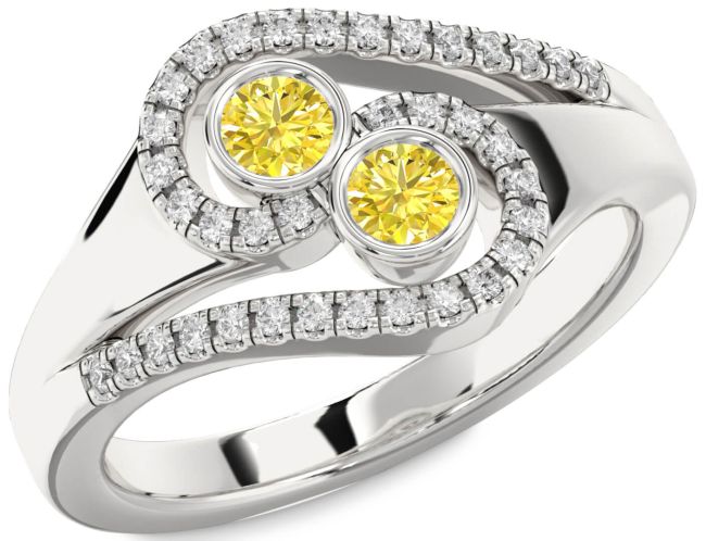 Yellow Diamond Silver Round Two Stone Ring