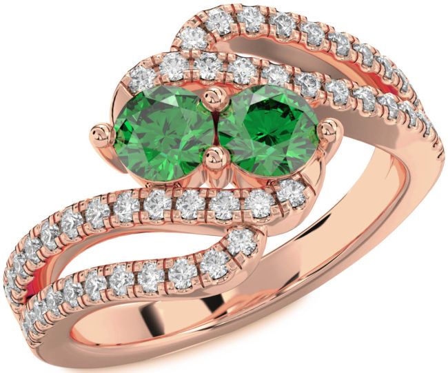 Diamond Emerald Rose Gold Round Two Stone Birthstone Ring