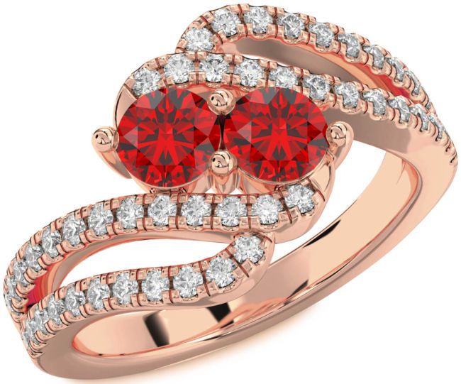 Diamond Ruby Rose Gold Round Two Stone Birthstone Ring