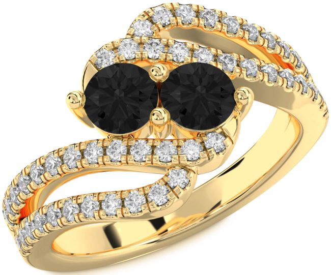 Black Diamond Gold Silver Round Two Stone Ring