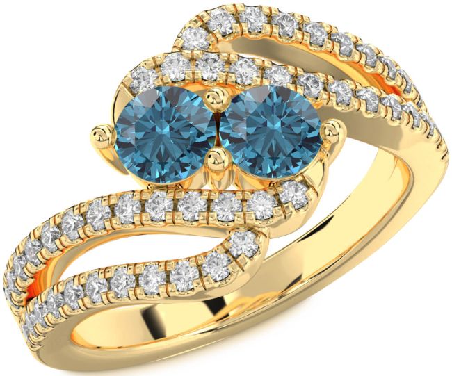 Blue Diamond Gold Silver Round Two Stone Ring