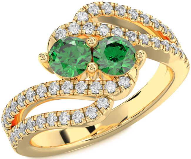 Diamond Emerald Gold Round Two Stone Birthstone Ring