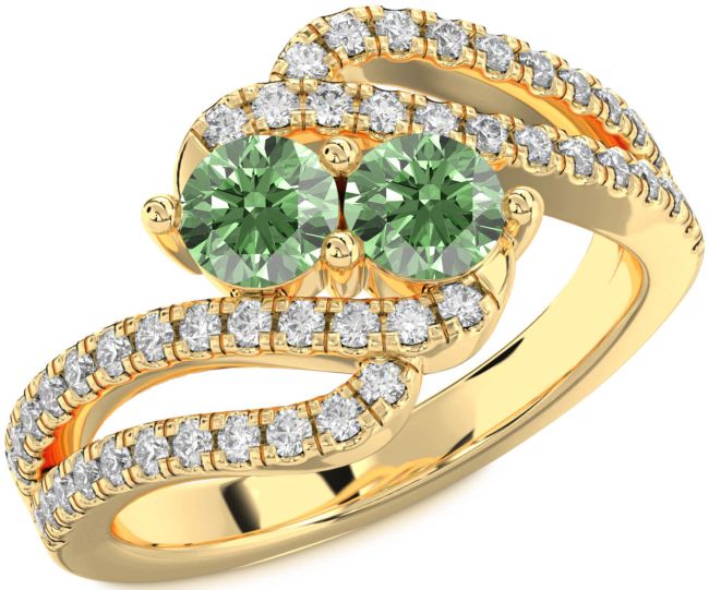 Green Diamond Gold Silver Round Two Stone Ring