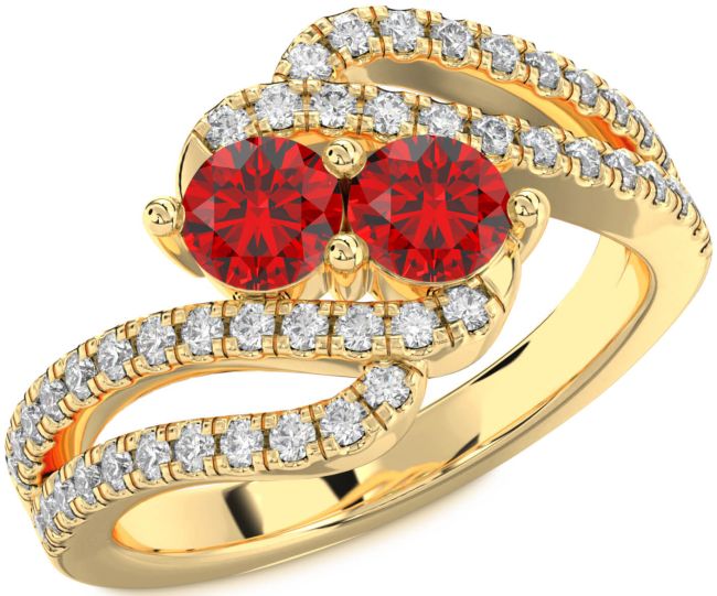 Diamond Ruby Gold Round Two Stone Birthstone Ring