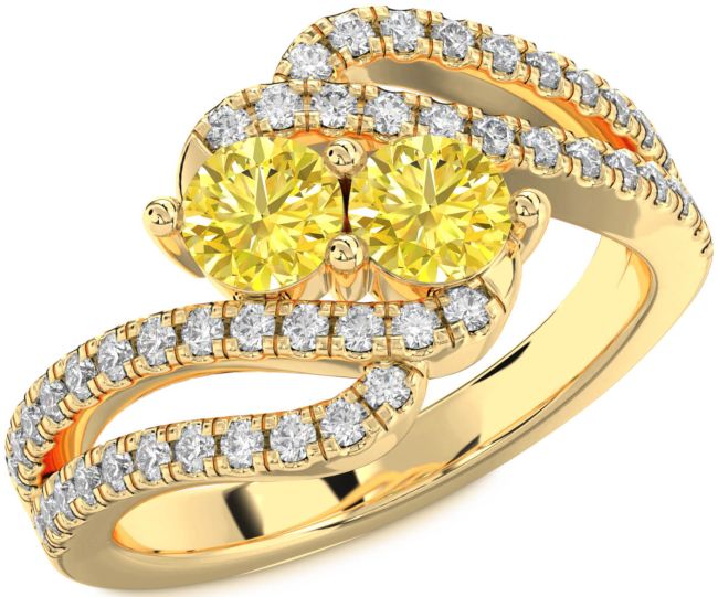 Yellow Diamond Gold Silver Round Two Stone Ring