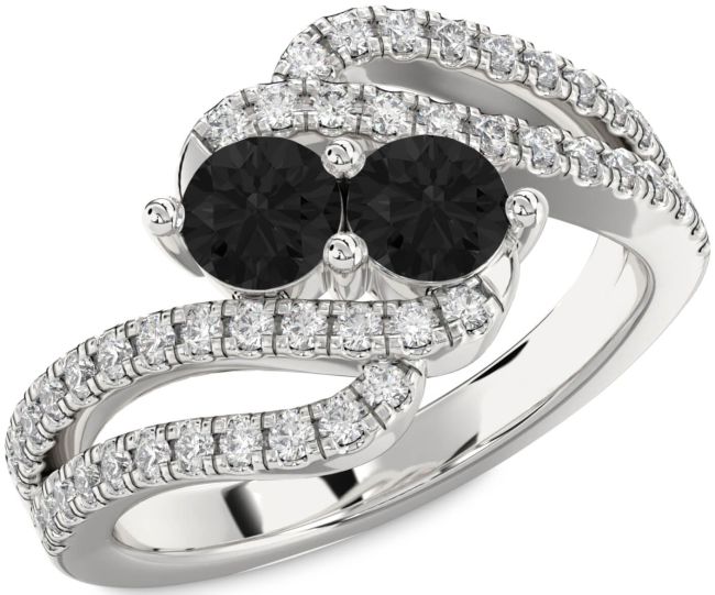 Black Diamond Silver Round Two Stone Ring