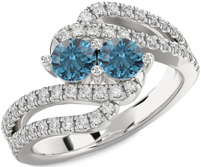 Blue Diamond Silver Round Two Stone Ring