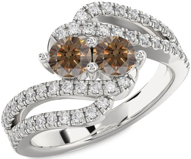 Chocolate Brown Diamond Silver Round Two Stone Ring