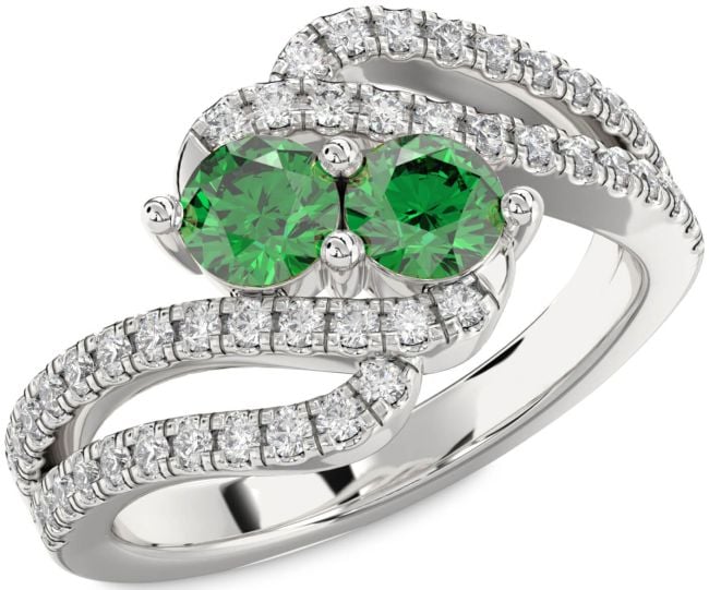 Diamond Emerald Silver Round Two Stone Birthstone Ring
