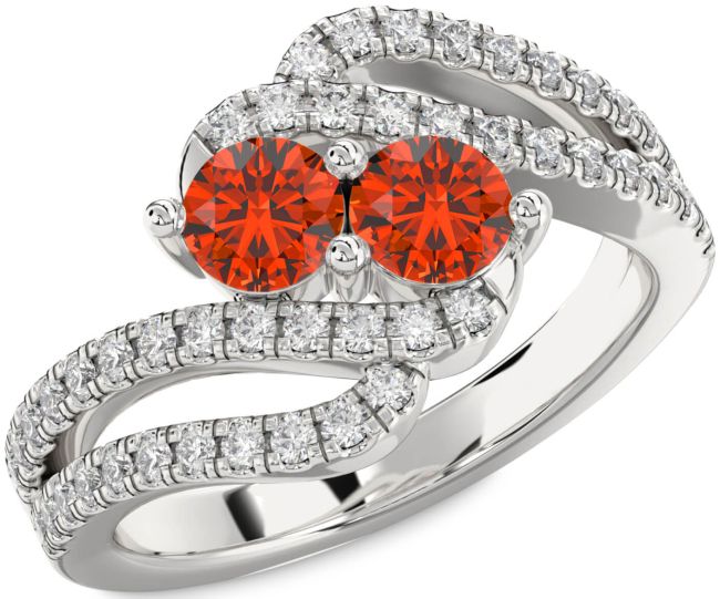 Diamond Fire Opal Silver Round Two Stone Ring