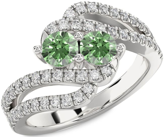 Green Diamond Silver Round Two Stone Ring