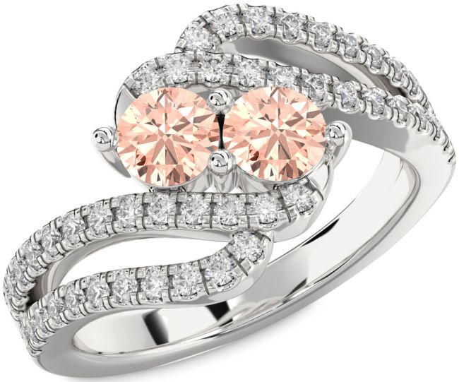 Diamond Morganite Silver Round Two Stone Ring