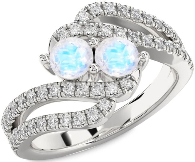Diamond Moonstone Silver Round Two Stone Ring
