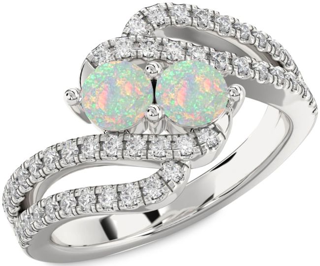 Diamond Opal Silver Round Two Stone Birthstone Ring