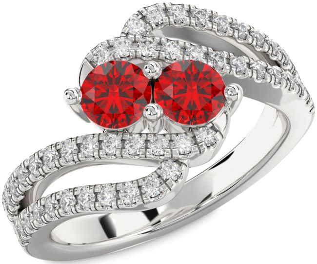 Diamond Ruby Silver Round Two Stone Birthstone Ring