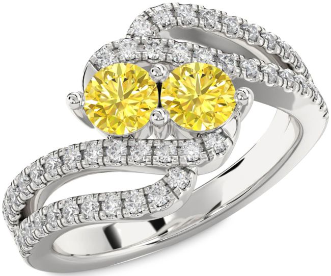 Yellow Diamond Silver Round Two Stone Ring
