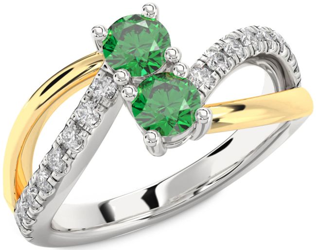 Diamond Emerald Gold Silver Round Two Stone Birthstone Ring