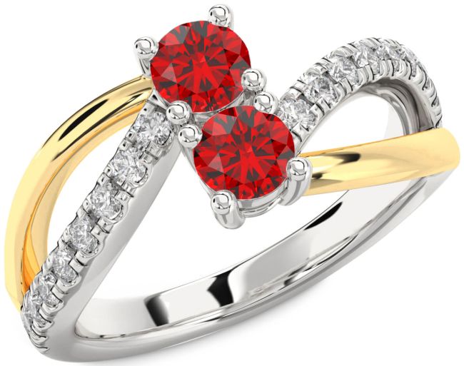 Diamond Ruby Gold Silver Round Two Stone Birthstone Ring