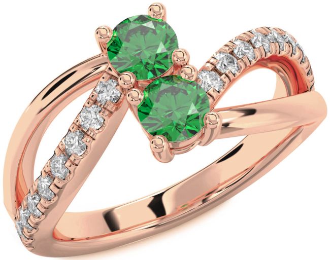 Diamond Emerald Rose Gold Round Two Stone Birthstone Ring
