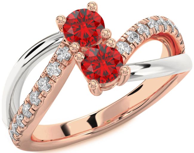 Diamond Ruby Rose Gold Silver Round Two Stone Birthstone Ring