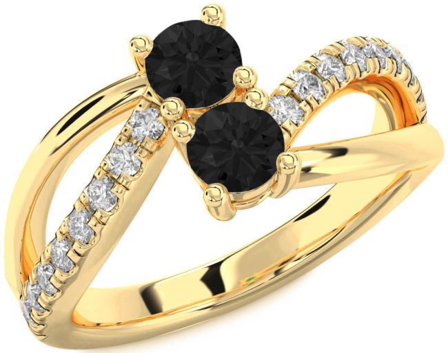 Black Diamond Gold Silver Round Two Stone Ring
