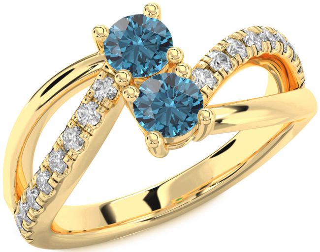 Blue Diamond Gold Silver Round Two Stone Ring