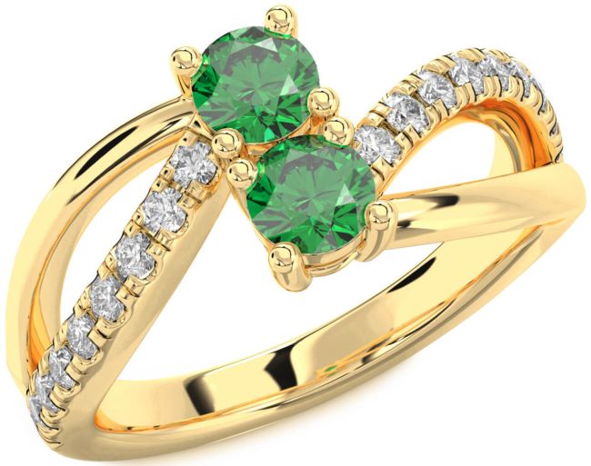 Diamond Emerald Gold Round Two Stone Birthstone Ring