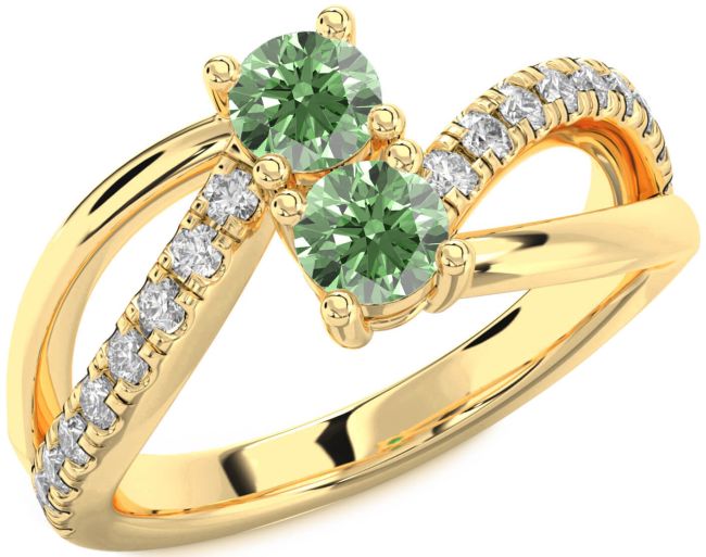 Green Diamond Gold Silver Round Two Stone Ring