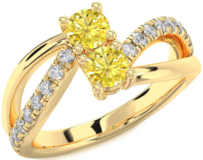 Yellow Diamond Gold Silver Round Two Stone Ring
