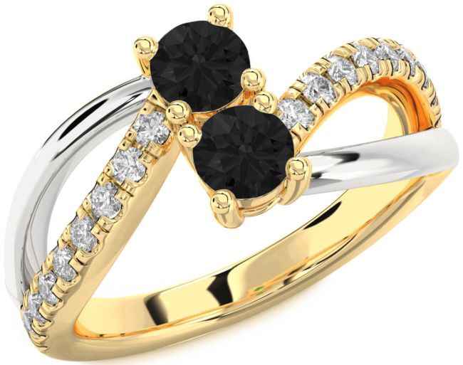 Black Diamond Gold Silver Round Two Stone Ring