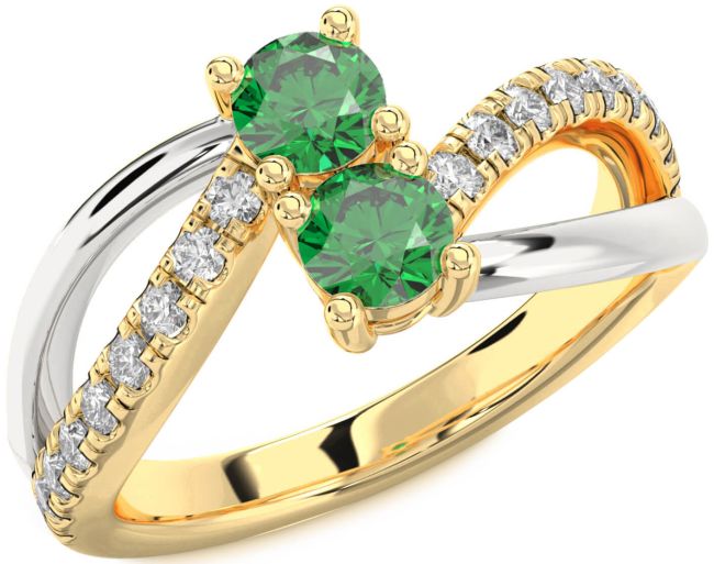 Diamond Emerald Gold Silver Round Two Stone Birthstone Ring