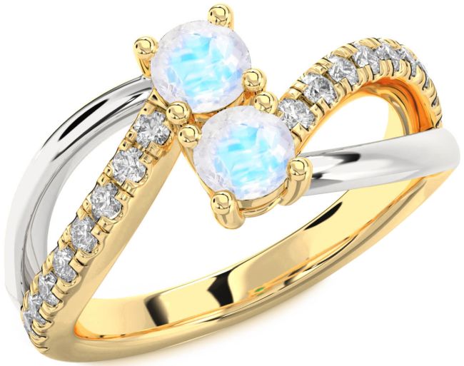 Diamond Moonstone Gold Silver Round Two Stone Ring