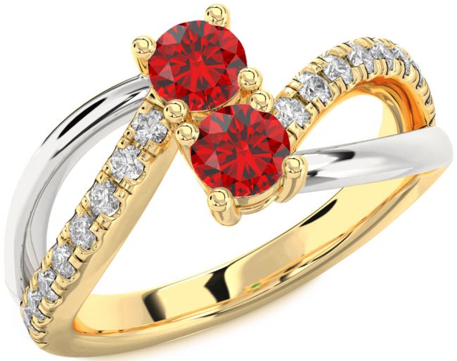 Diamond Ruby Gold Silver Round Two Stone Birthstone Ring