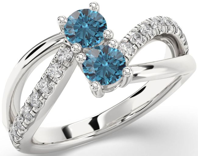 Blue Diamond Silver Round Two Stone Ring