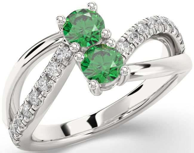 Diamond Emerald Silver Round Two Stone Birthstone Ring