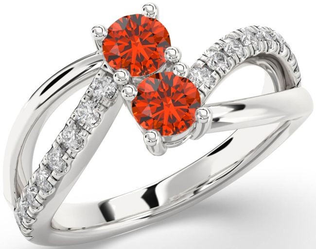 Diamond Fire Opal Silver Round Two Stone Ring