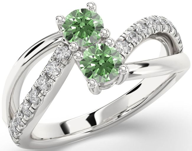 Green Diamond Silver Round Two Stone Ring