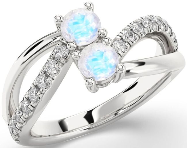 Diamond Moonstone Silver Round Two Stone Ring