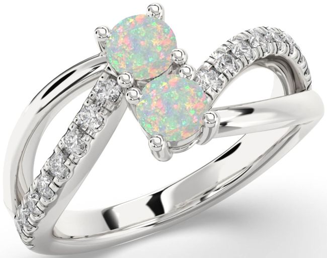 Diamond Opal Silver Round Two Stone Birthstone Ring