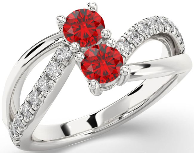 Diamond Ruby Silver Round Two Stone Birthstone Ring