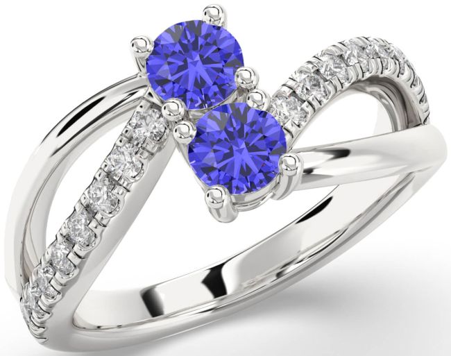 Diamond Tanzanite Silver Round Two Stone Ring