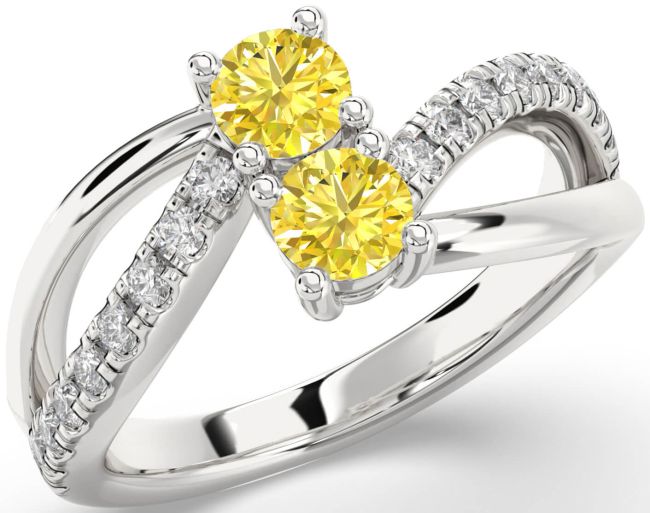 Yellow Diamond Silver Round Two Stone Ring
