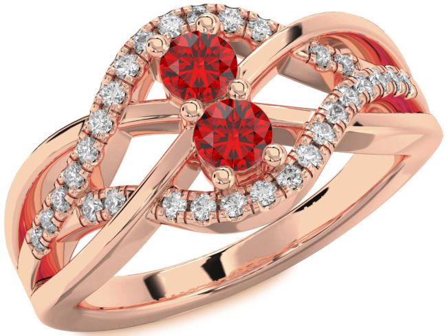 Diamond Ruby Rose Gold Knot Round Two Stone Birthstone Ring