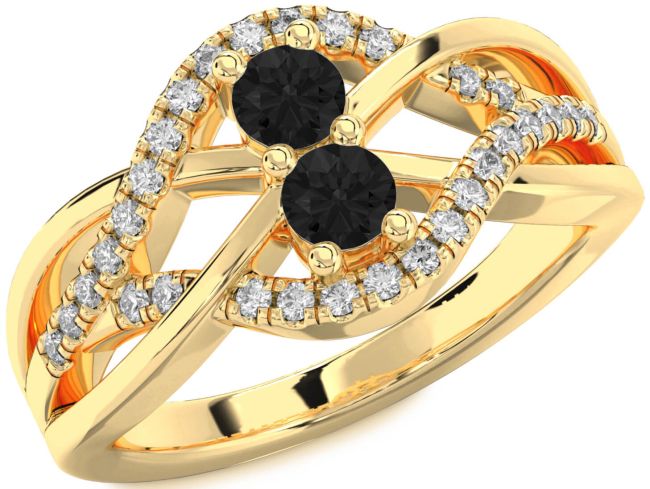 Black Diamond Gold Knot Round Two Stone Ring