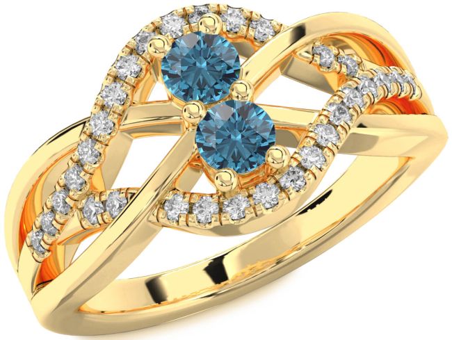 Blue Diamond Gold Knot Round Two Stone Ring