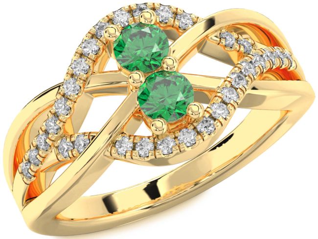 Diamond Emerald Gold Silver Knot Round Two Stone Birthstone Ring