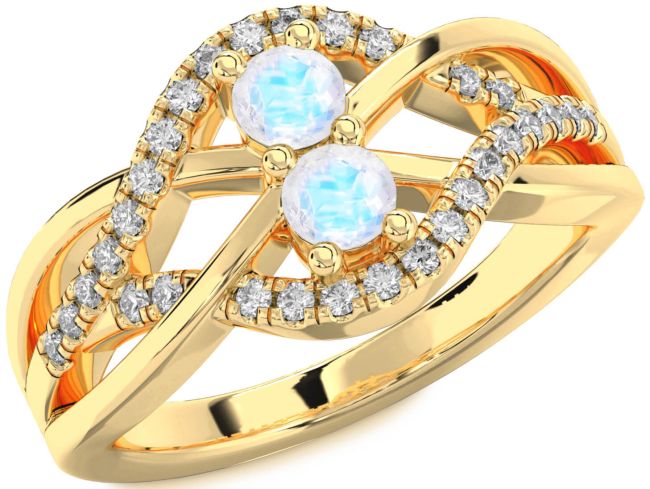 Diamond Moonstone Gold Knot Round Two Stone Ring