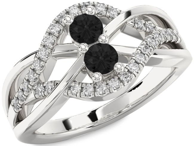 Black Diamond Silver Knot Round Two Stone Ring