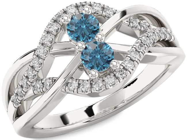 Blue Diamond Silver Knot Round Two Stone Ring